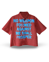 'NO WEAPON FORMED' PLAID BUTTON SHIRT