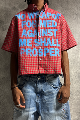'NO WEAPON FORMED' PLAID BUTTON SHIRT