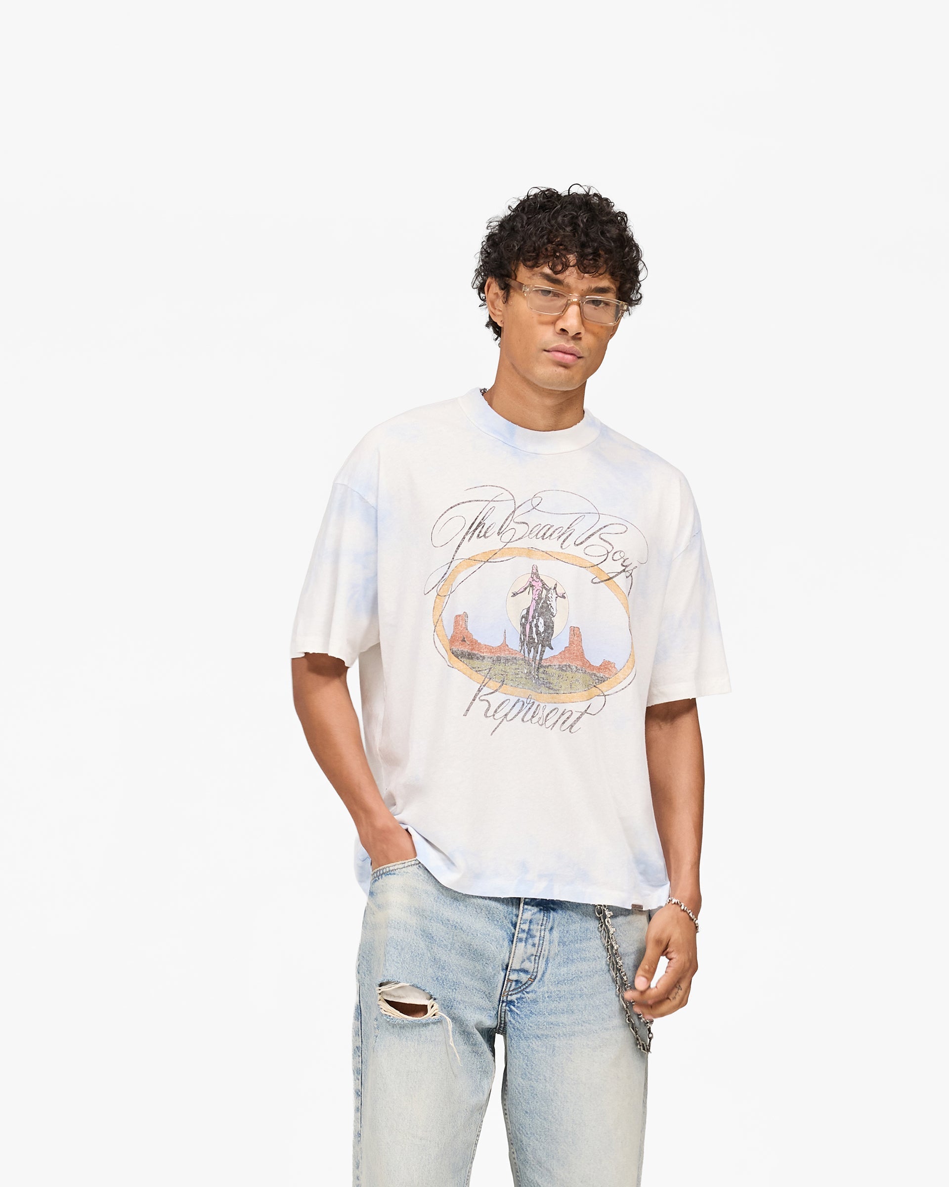 Represent x Beach Boys Script T-Shirt - Blue Tie Dye